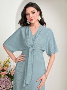 Seusyu 素色前打結蝙蝠袖連衣裙 - 藍色 - 查看 5