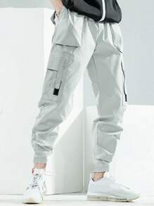 Manfinity Hypemode 男士側翻蓋口袋工裝褲 - 淺灰色 - 查看 1