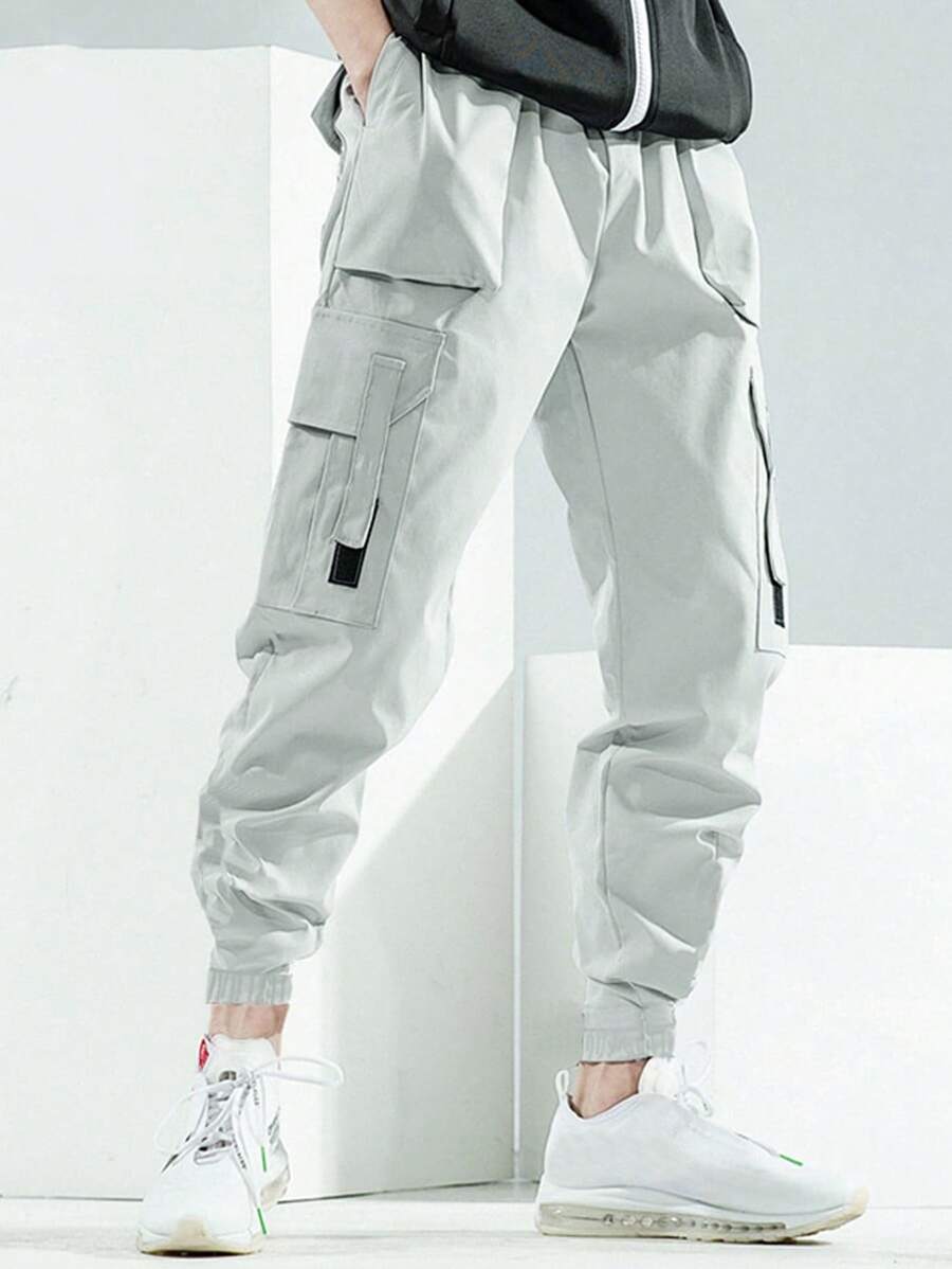 Manfinity Hypemode 男士側翻蓋口袋工裝褲 - 淺灰色 - 查看 1