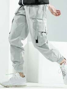 Manfinity Hypemode 男士側翻蓋口袋工裝褲 - 淺灰色 - 查看 3