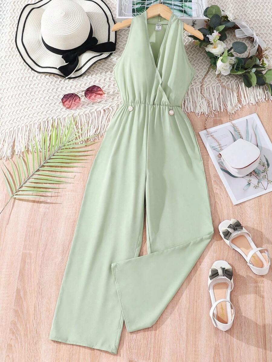 SHEIN Áo liền quần Gái Nút Trọn gói màu trơn Giải trí - màu xanh lá - Xem 1