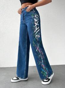 Cottnline Splash Ink And Letter Graphic Jeans - Dark Wash - View 1