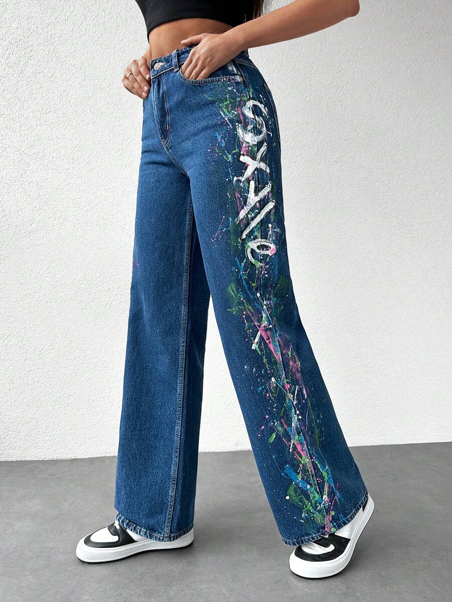 Cottnline Splash Ink And Letter Graphic Jeans - Dark Wash - View 1