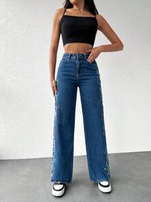 Cottnline Splash Ink And Letter Graphic Jeans - Dark Wash - View 3