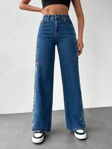 Cottnline Splash Ink And Letter Graphic Jeans - Dark Wash - View 4