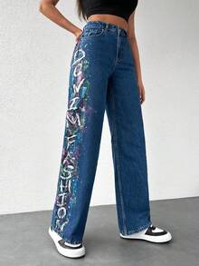 Cottnline Splash Ink And Letter Graphic Jeans - Dark Wash - View 5