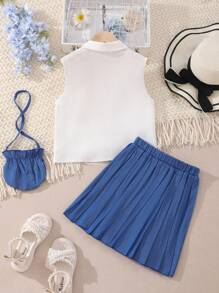 Girls Solid Pocket Front Blouse & Pleated Skirt Set - Blue and White - View 2