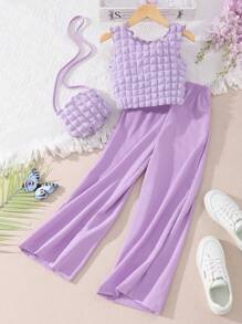 SHEIN 女孩紋理質感背心上衣和闊腿褲和組合包 - 淡紫色 - 查看 1