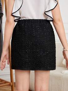 SHEIN Teen Girls Button Front Tweed Skirt - Black - View 2