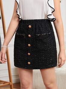 SHEIN Teen Girls Button Front Tweed Skirt - Black - View 3