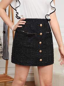 SHEIN Teen Girls Button Front Tweed Skirt - Black - View 4