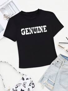 SHEIN LUNE Áo thun nữ Lá thư Giải trí - màu đen - Xem 1