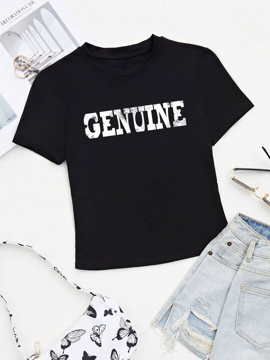 SHEIN LUNE Áo thun nữ Lá thư Giải trí - màu đen - Xem 1