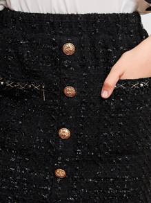 SHEIN Teen Girls Button Front Tweed Skirt - Black - View 6