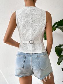 SHEIN Privé 提花前紐扣馬甲西裝外套 - 白色 - 查看 2