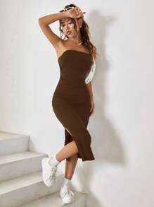 SHEIN EZwear 夏季服裝單色分裂大腿管身材緊身洋裝 - 巧克力棕 - 查看 6