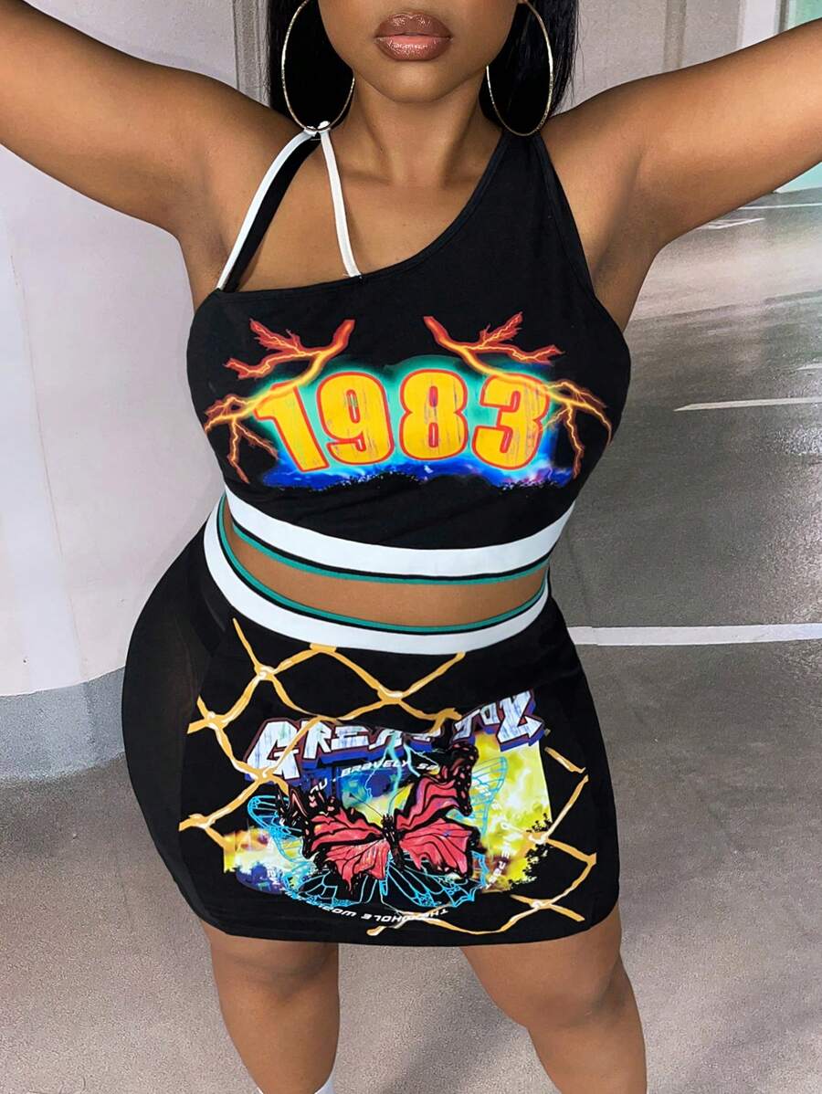 Slaydiva 大碼字母圖案不對稱領短款上衣和包臀半身裙 - 黑色 - 查看 1