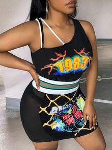 Slaydiva 大碼字母圖案不對稱領短款上衣和包臀半身裙 - 黑色 - 查看 4