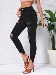 SHEIN Essnce Ripped Raw Hem Skinny Jeans - Black - View 1