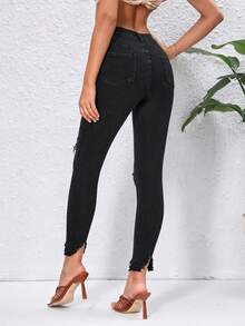 SHEIN Essnce Ripped Raw Hem Skinny Jeans - Black - View 2