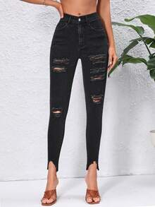 SHEIN Essnce Ripped Raw Hem Skinny Jeans - Black - View 3