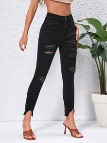 SHEIN Essnce Ripped Raw Hem Skinny Jeans - Black - View 4