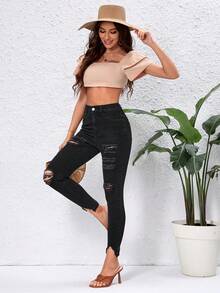 SHEIN Essnce Ripped Raw Hem Skinny Jeans - Black - View 5