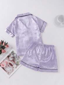 SHEIN Tween Girl's Contrasting Piping Heart Satin Short-Sleeved Top & Shorts Pajama Set - Purple - View 2