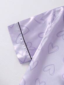 SHEIN Tween Girl's Contrasting Piping Heart Satin Short-Sleeved Top & Shorts Pajama Set - Purple - View 7