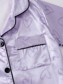 SHEIN Tween Girl's Contrasting Piping Heart Satin Short-Sleeved Top & Shorts Pajama Set - Purple - View 8
