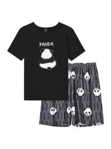 Men's Panda Print Short Sleeve T-shirt And Skull Printed Shorts Homewear Set - Black - View 1
