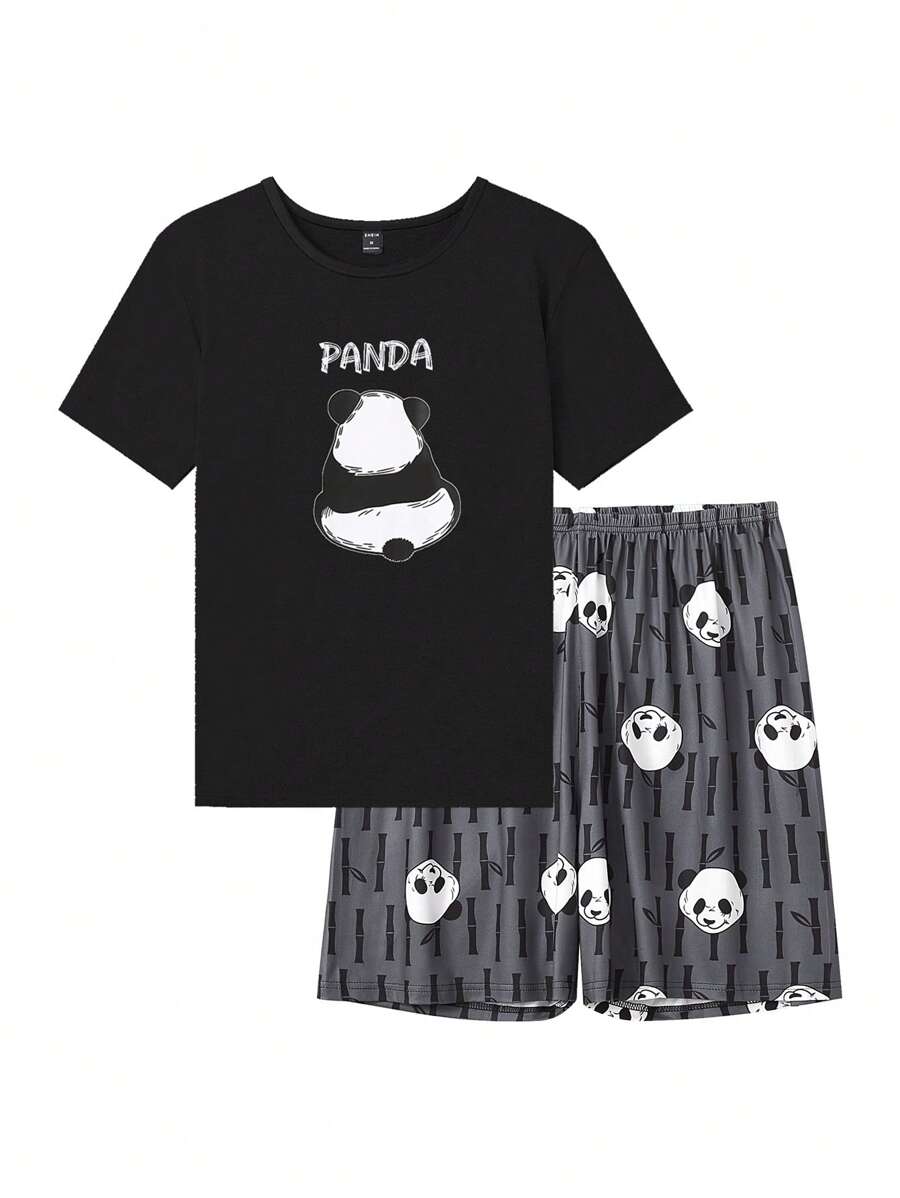 Men's Panda Print Short Sleeve T-shirt And Skull Printed Shorts Homewear Set - Black - View 1