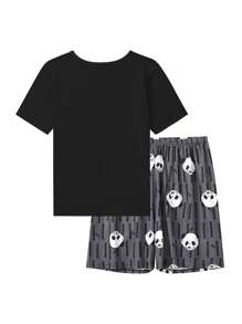 Men's Panda Print Short Sleeve T-shirt And Skull Printed Shorts Homewear Set - Black - View 2