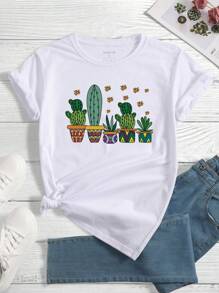 INAWLY Cactus Print Tee Graphic Tees Women Tops - White - View 1