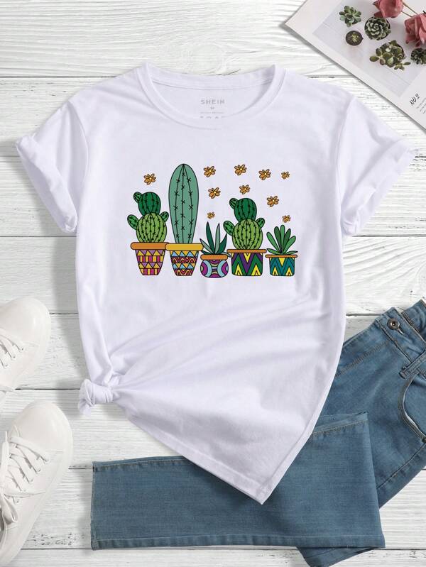INAWLY Cactus Print Tee Graphic Tees Women Tops