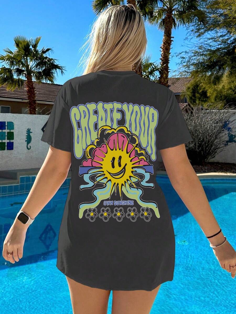 SHEIN Swim Summer Beach Cartoon & Letter Graphic Cover Up - Dark Grey - View 1