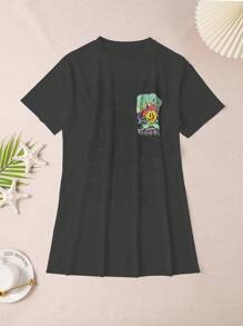 SHEIN Swim Summer Beach Cartoon & Letter Graphic Cover Up - Dark Grey - View 4