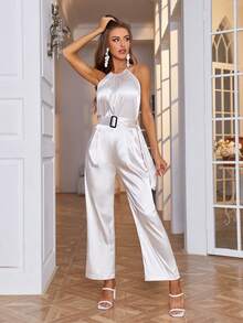 素色腰帶繞頸連體褲 - 白色 - 查看 3