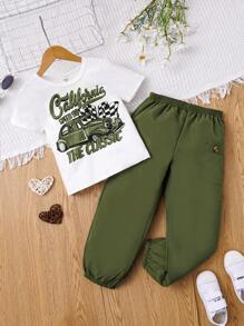 SHEIN Juego De Camiseta Y Pantalones Gráficos De Coche Y Letras Para Niña - Verde militar - Ver 1