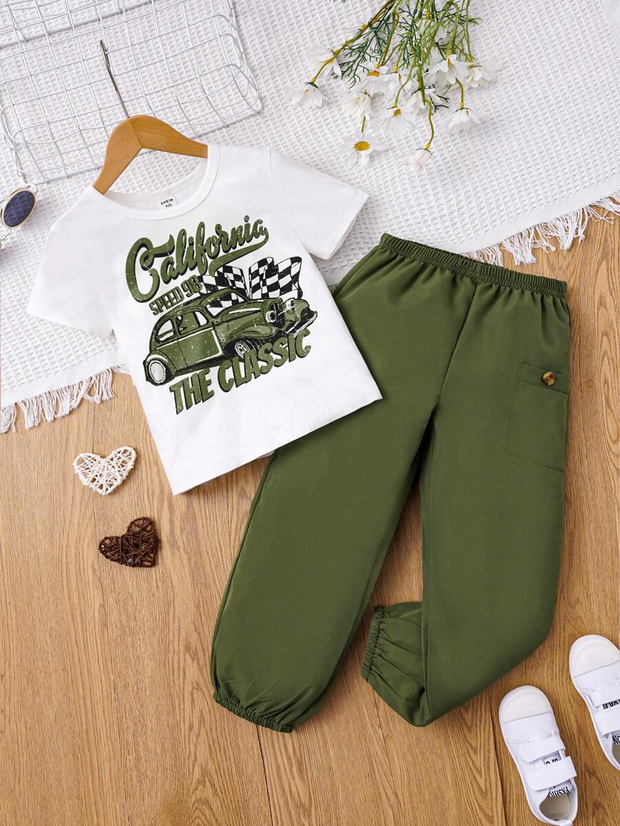 SHEIN Juego De Camiseta Y Pantalones Gráficos De Coche Y Letras Para Niña - Verde militar - Ver 1