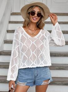 EURMUSE Solid Drop Shoulder Open Knit Sweater - Beige - View 1