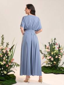 Modelyn 蝙蝠袖織帶拼接腰闊腿連體褲 - 淺藍色 - 查看 2