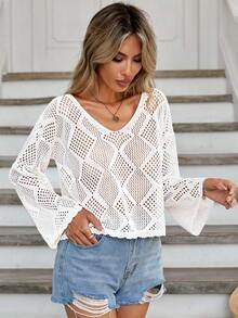 EURMUSE Solid Drop Shoulder Open Knit Sweater - Beige - View 2