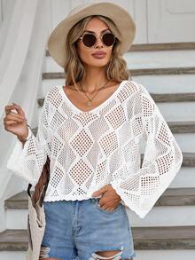 EURMUSE Solid Drop Shoulder Open Knit Sweater - Beige - View 3