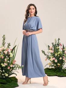 Modelyn 蝙蝠袖織帶拼接腰闊腿連體褲 - 淺藍色 - 查看 4