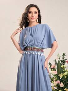 Modelyn 蝙蝠袖織帶拼接腰闊腿連體褲 - 淺藍色 - 查看 5