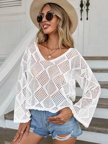 EURMUSE Solid Drop Shoulder Open Knit Sweater - Beige - View 4