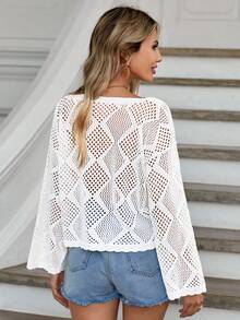 EURMUSE Solid Drop Shoulder Open Knit Sweater - Beige - View 5