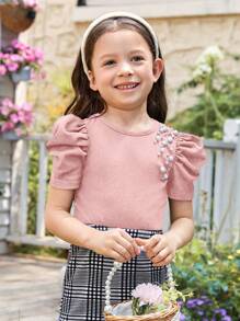 SHEIN Tops con gái lớn Ngọc trai Gân đan màu trơn Dễ thương - Bụi hồng - Xem 1