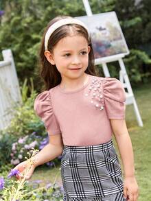 SHEIN Tops con gái lớn Ngọc trai Gân đan màu trơn Dễ thương - Bụi hồng - Xem 4